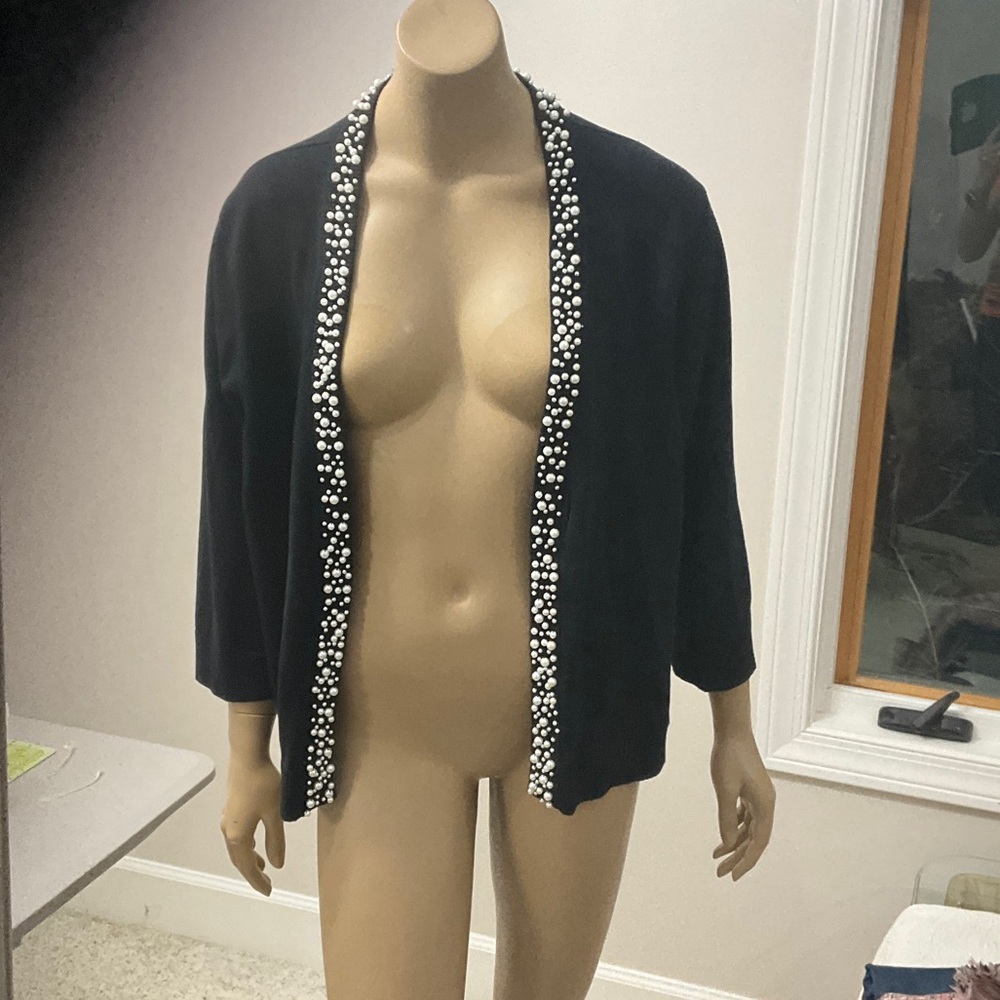 Black Open Front Cardigan with Pearl Trim